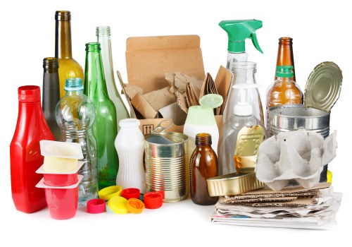 A collection of various waste items including glass bottles, plastic containers, aluminium cans, paper and cardboard packaging, and miscellaneous debris arranged on a surface, illustrating household rubbish typically collected by rubbish removal services in Bermondsey. The glass bottles are of different colors and finishes, including green, brown, and clear, some with labels or caps, while the plastic items include spray bottles and containers in bright colors. The aluminium cans are stacked, with some partially crushed, and there are crumpled paper and cardboard boxes visible among the waste. The scene features a mix of textured surfaces such as glossy glass, matte plastic, and crinkled paper, with the waste items loosely grouped together in a natural, cluttered arrangement. The background shows a neutral setting, emphasizing the variety and disorder of household rubbish, highlighting the type of waste that Garden Clearance Bermondsey manages for local clients in the Bermondsey area. The overall lighting is natural and even, making the details of each waste item clearly visible, suitable for a webpage section focused on rubbish collection and clearance services in London’s South-East district.